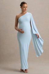 Aliana | Powder Blue Asymmetric Maternity Maxi Dress With Ruched Detailing