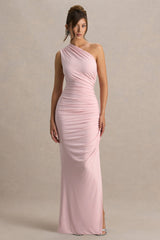 Daphne | Pink Asymmetric-Neck Maxi Dress With Ruched Detailing