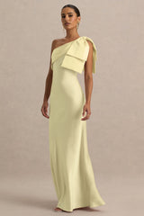 Valerie | Lemon Satin Asymmetric-Neck Maxi Dress With Bow Detail