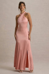 Sansa | Light Pink Satin Cross Halter-Neck Plisse Maxi Dress