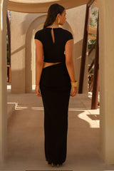 Pia | Black Short-Sleeve Maxi Dress With Cut-Out