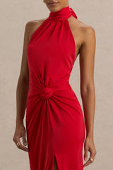 Lenora | Red Halter-Neck Maxi Dress with Ruched Detailing and Split