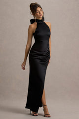 Maureen | Black Satin High-Neck Draped Maxi Dress