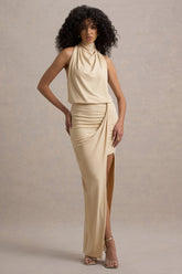 Hayden | Sand High-Neck Draped Split Maxi Dress