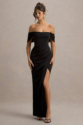 Annie | Black Satin Bardot Maxi Dress With Split Wrap Skirt