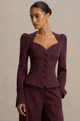 Lana | Burgundy Pinstripe Woven Sweetheart-Neck Tailored Top