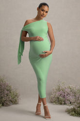 Katarine | Light Green Asymmetric Knot Maternity Midi Dress