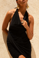 Vivia | Black Plunge-Neck Ruched Mini Dress