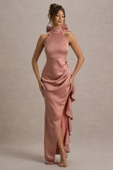 Maureen | Pink Satin High-Neck Draped Maxi Dress