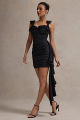 Lesina | Black Satin Ruched Corset Mini Dress With Drape