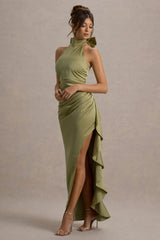 Maureen | Light Green Satin High-Neck Draped Maxi Dress