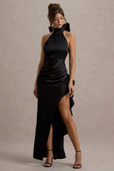Maureen | Black Satin High-Neck Draped Maxi Dress