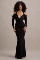 Hurghada | Black Plunge-Neck Long-Sleeve Maxi Dress