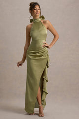 Maureen | Light Green Satin High-Neck Draped Maxi Dress