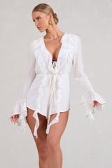 Sauvage | White Chiffon Ruffle Plunge Long Sleeve Playsuit