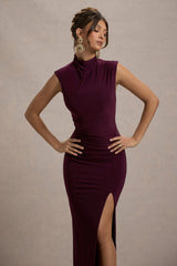 Lanetta | Plum Ruched High-Neck Maxi Dress With Split