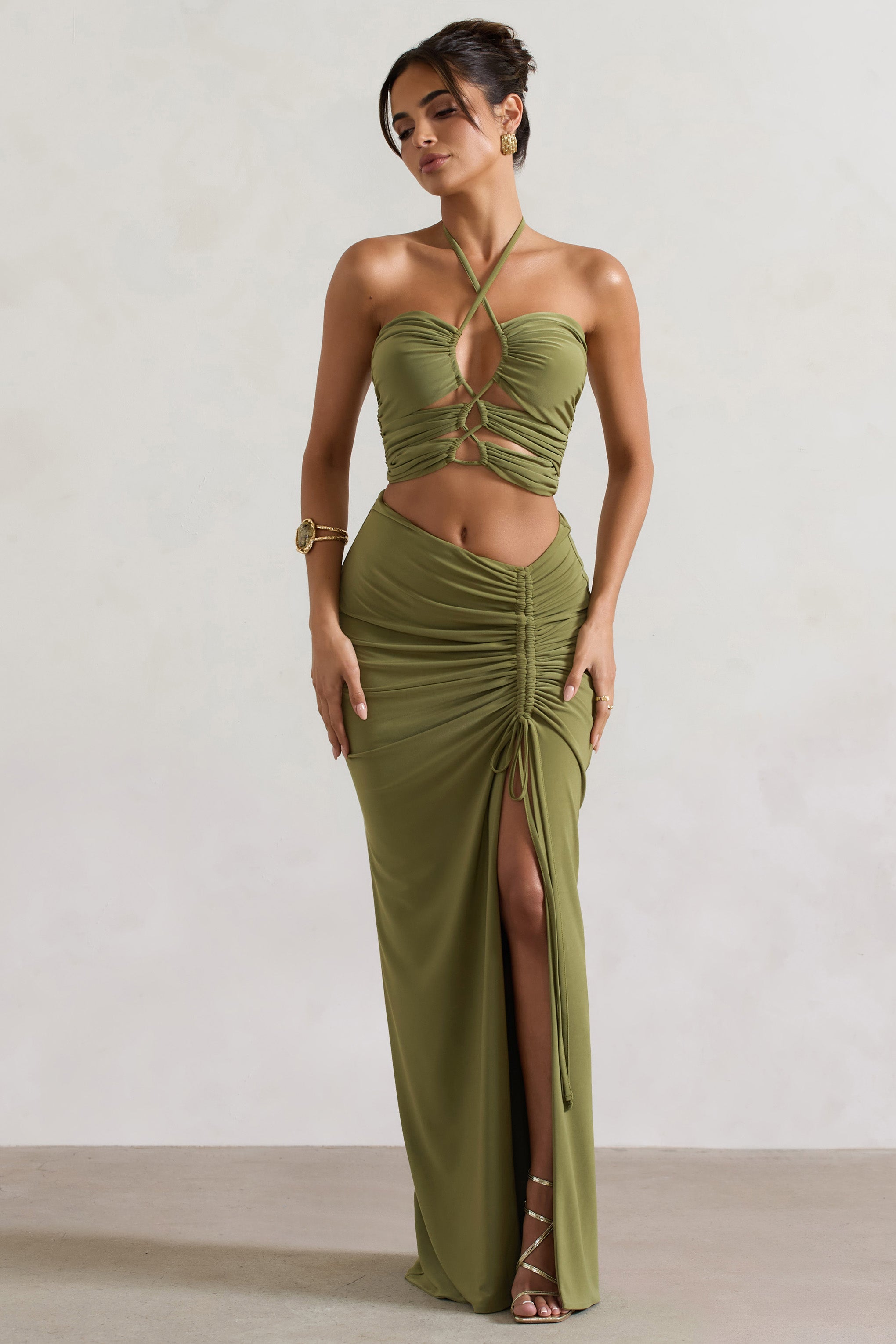 Cabo | Olive Ruched Split Maxi Skirt
