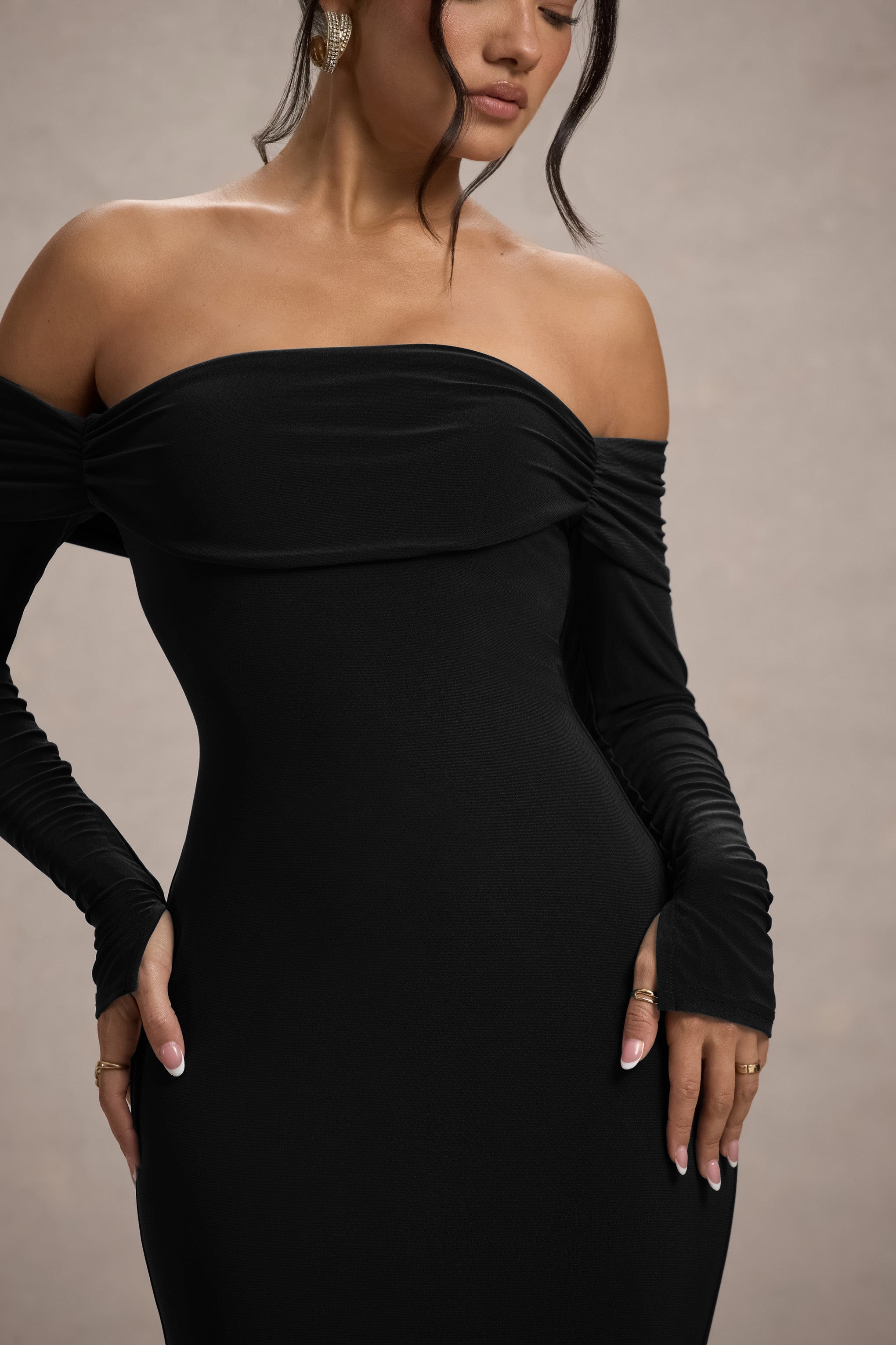 Amaia | Black Bardot Long-Sleeve Maxi Dress