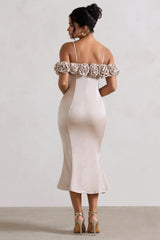 Petunia | Champagne Satin Floral Bardot Midi Dress