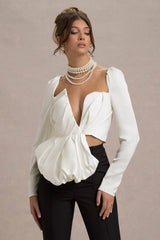 Bensley | Ecru Satin Asymmetric Plunge-Neck Top With Ruffle