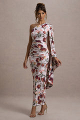 Clementina | Cream Floral Print Asymmetric Cape Sleeve Maxi Dress