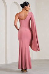 Rhea | Blush Pink V-Neck Split Maternity Maxi Dress With Cape Sleeve