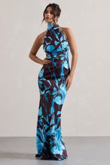 Adoria | Floral Print Satin High-Neck Maxi Dress