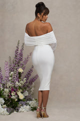 Patiently Waiting | White Maternity Ruched Mesh Bardot Midi Dress