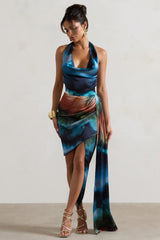 Bali | Blue Blur Print Satin Cowl-Neck Draped Midi Dress