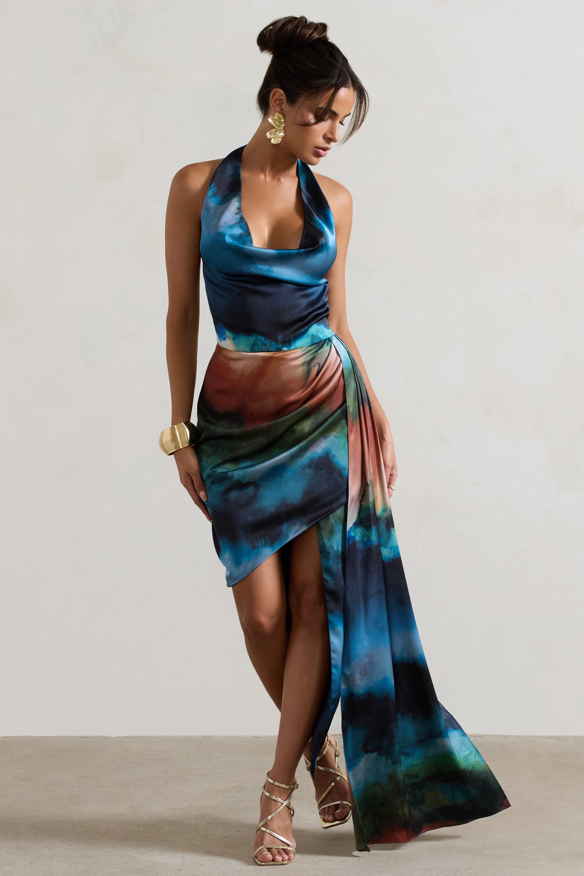 Bali | Blue Blur Print Satin Cowl-Neck Draped Midi Dress