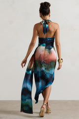 Bali | Blue Blur Print Satin Cowl-Neck Draped Midi Dress