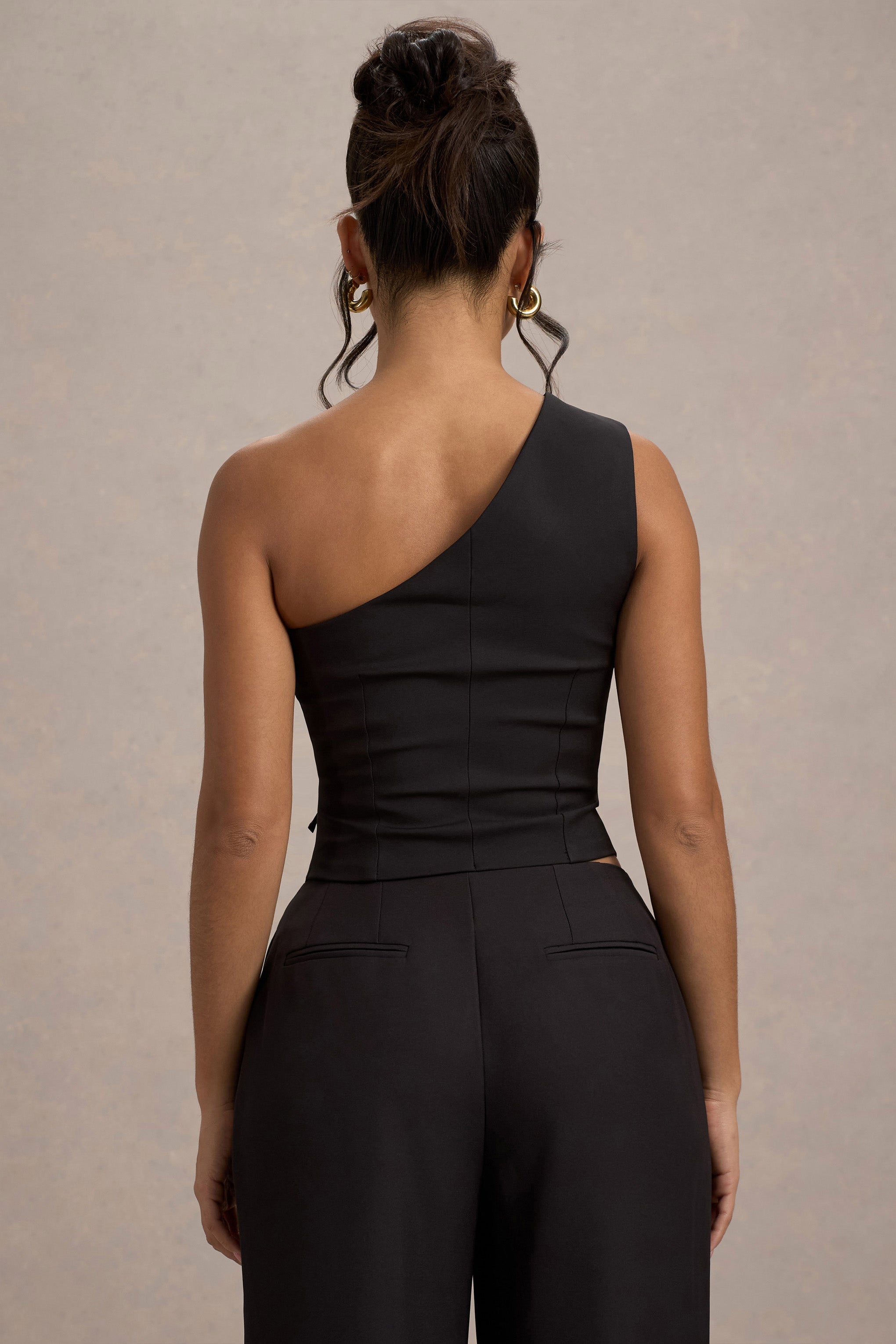 Lelia | Black One Shoulder Tailored Top With Bows