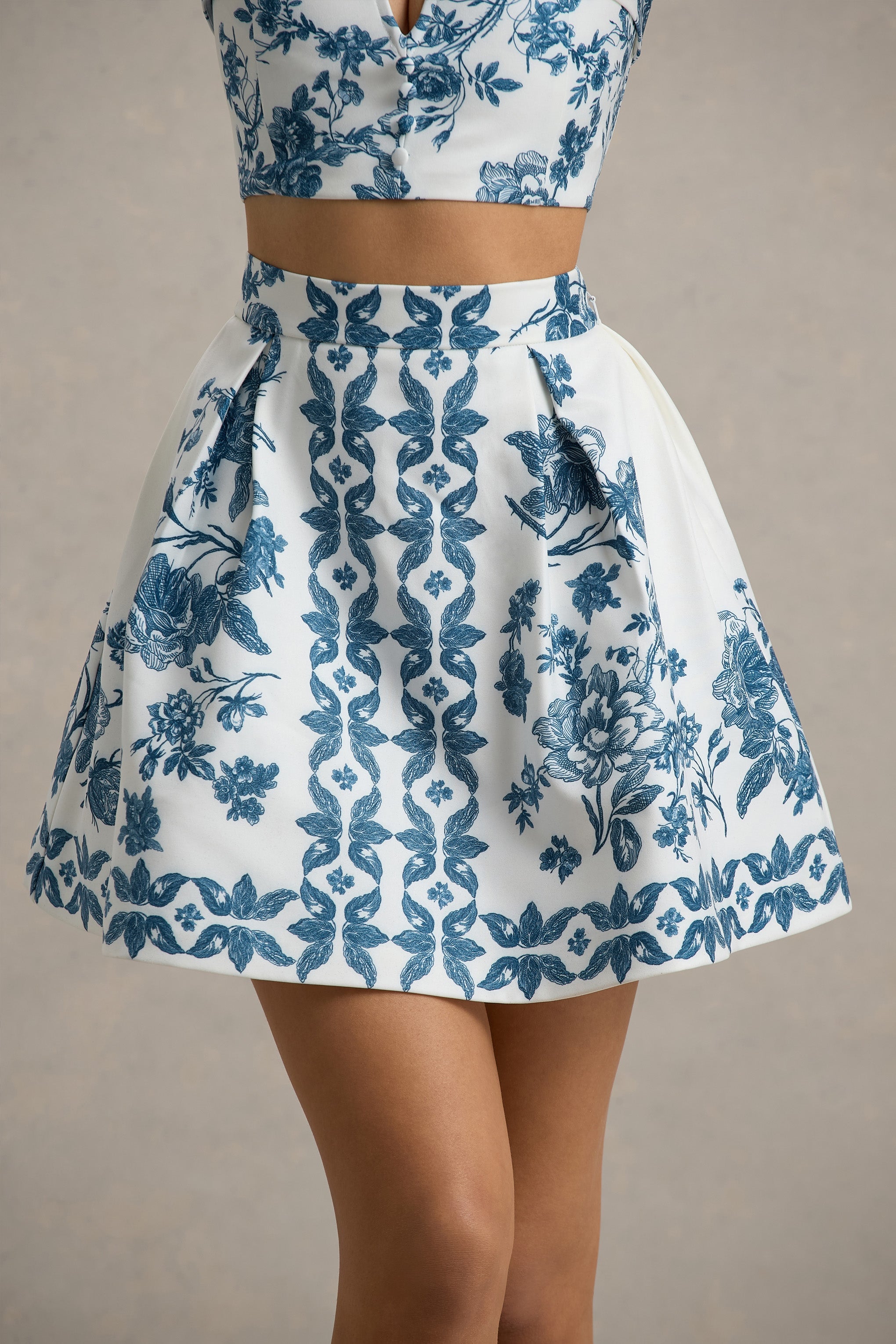 Modella | Blue Porcelain Print Skater Mini Skirt
