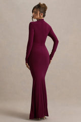 Pietra | Berry High-Neck Long Sleeve Knot Maxi Dress