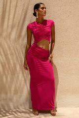 Pia | Hot Pink Short-Sleeve Maxi Dress With Cut-Out