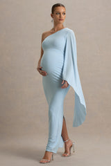 Aliana | Powder Blue Asymmetric Maternity Maxi Dress With Ruched Detailing
