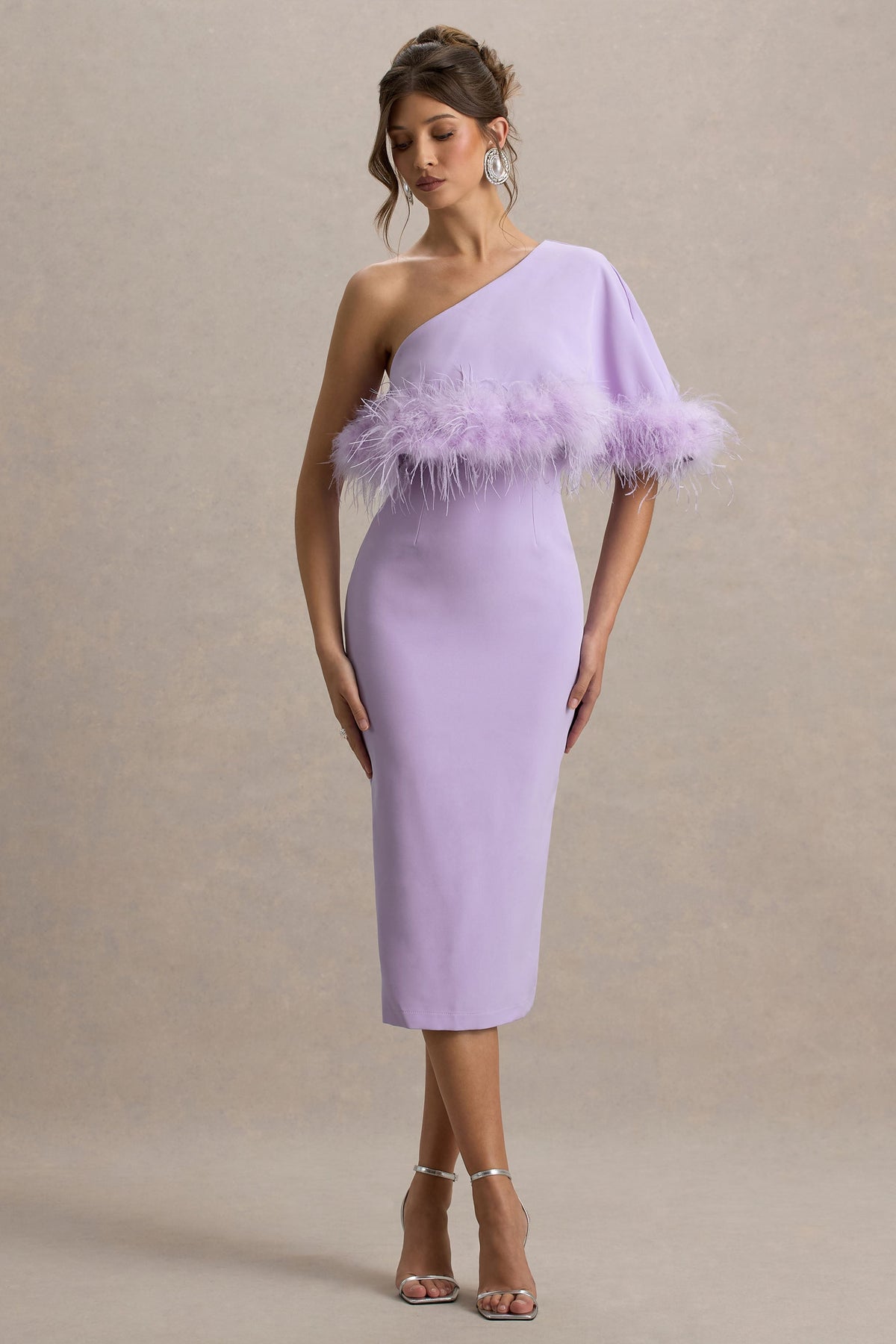 Victory | Lilac One Shoulder Midi Dress With Feather Trim