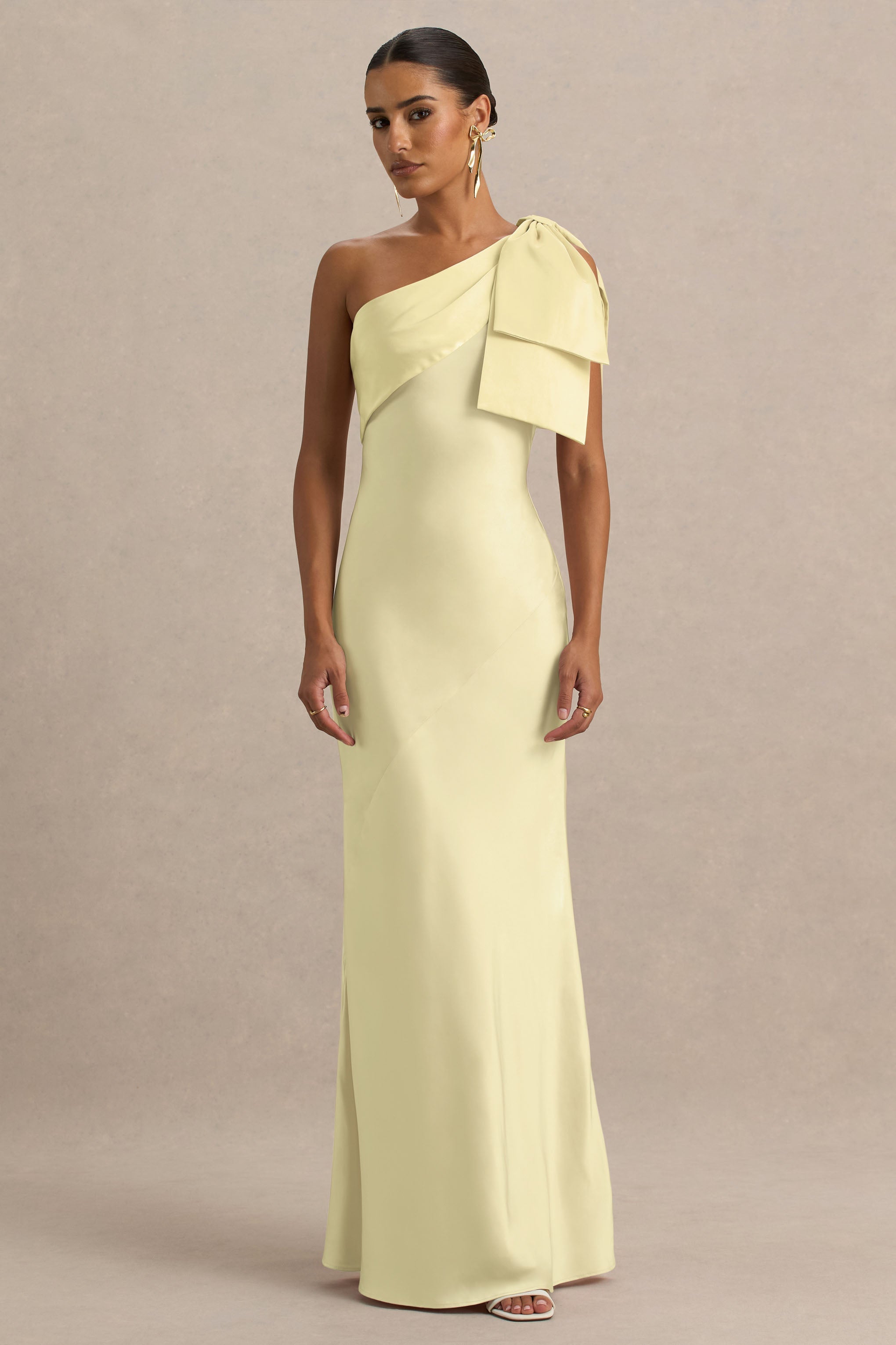 Valerie | Lemon Satin Asymmetric-Neck Maxi Dress With Bow Detail
