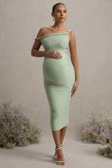 Salome | Light Green Twisted Asymmetric Maternity Midi Dress