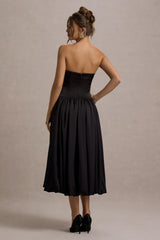 Keyton | Black Satin Bandeau Midi Dress