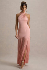 Sansa | Light Pink Satin Cross Halter-Neck Plisse Maxi Dress
