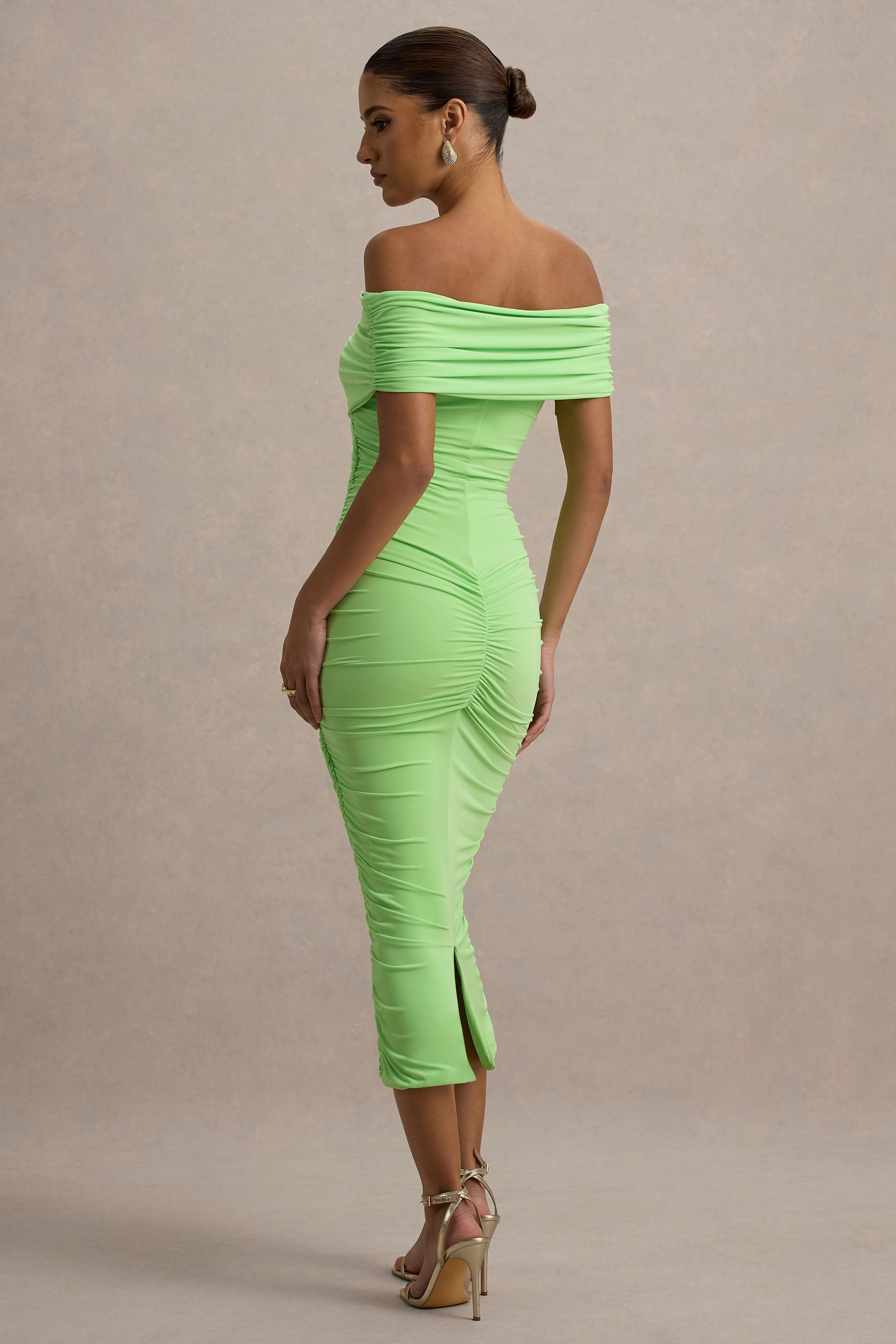 Unwrapped | Light Green Ruched Twist Bardot Midi Dress
