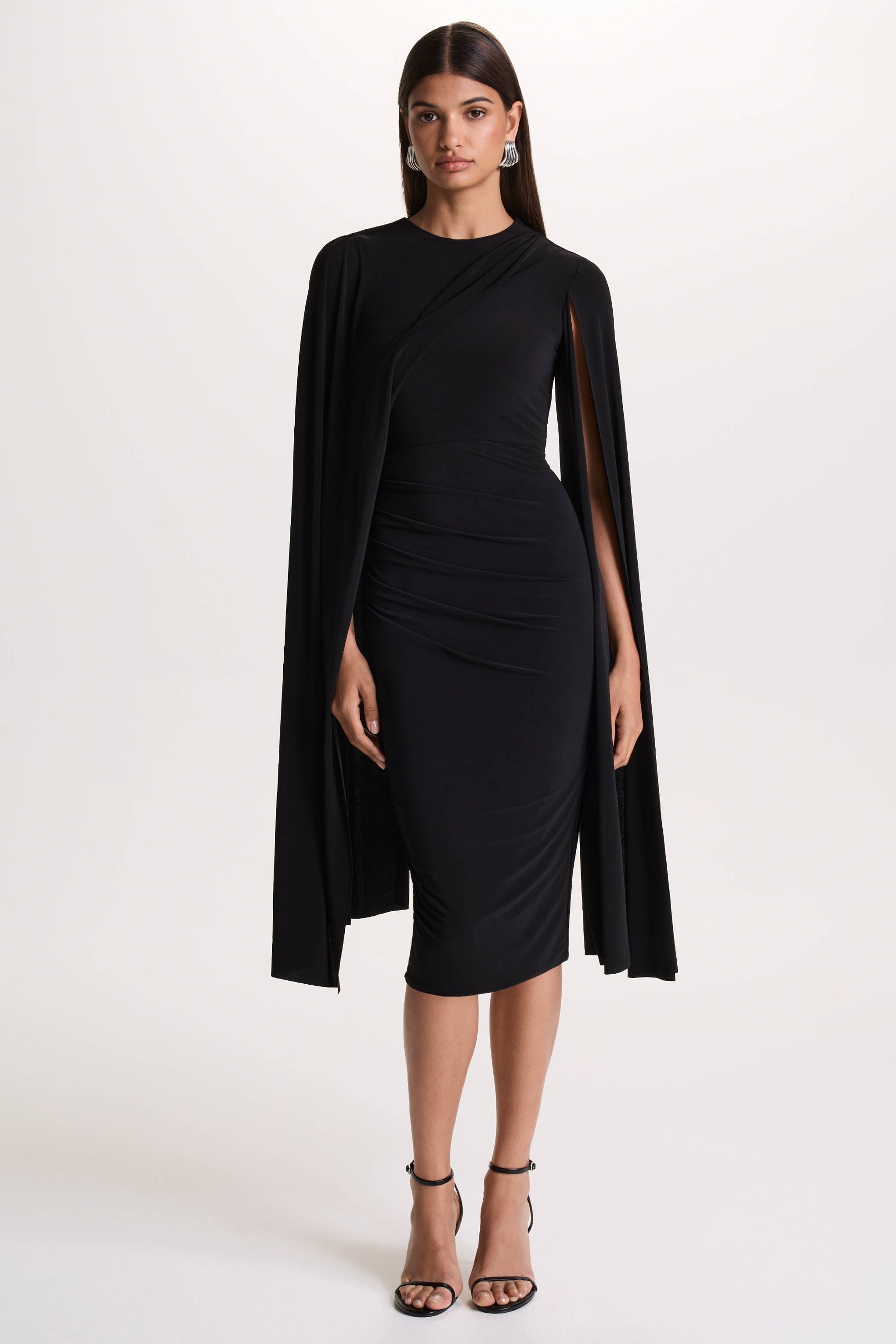 Marysol | Black Asymmetric Cape Midi Dress
