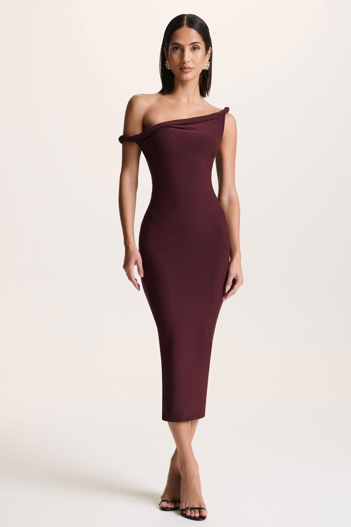 Salome | Chocolate Brown Twisted Asymmetric Midi Dress