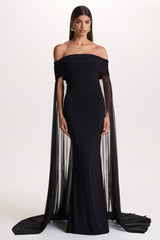 Carlotta | Black Bardot Maxi Dress With Chiffon Cape