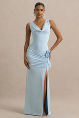 Pure Affection | Powder Blue Cowl-Neck Maxi Dress With Ruched Detailing And Front High Split