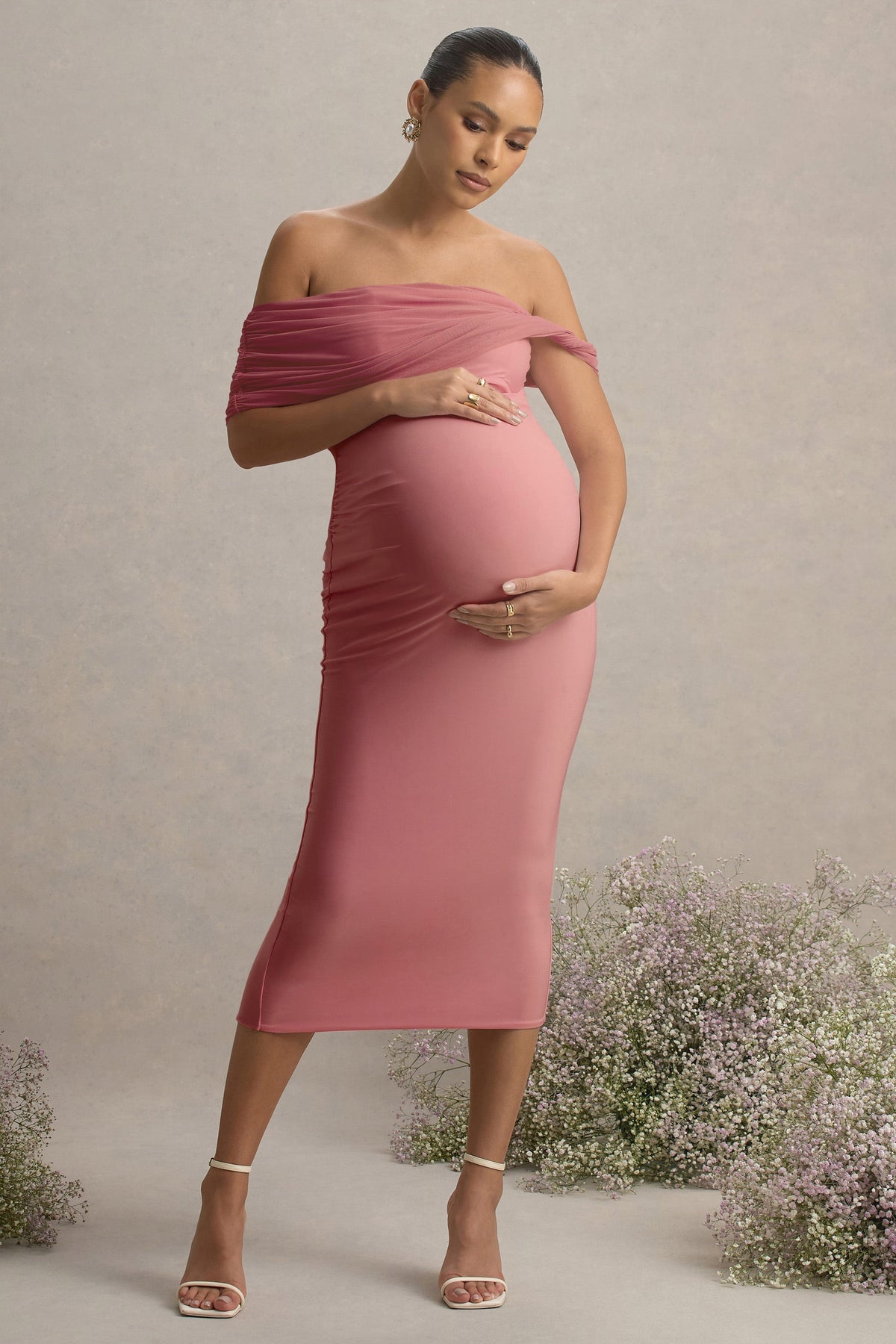 Jen | Pink Bardot Twisted Maternity Midi Dress