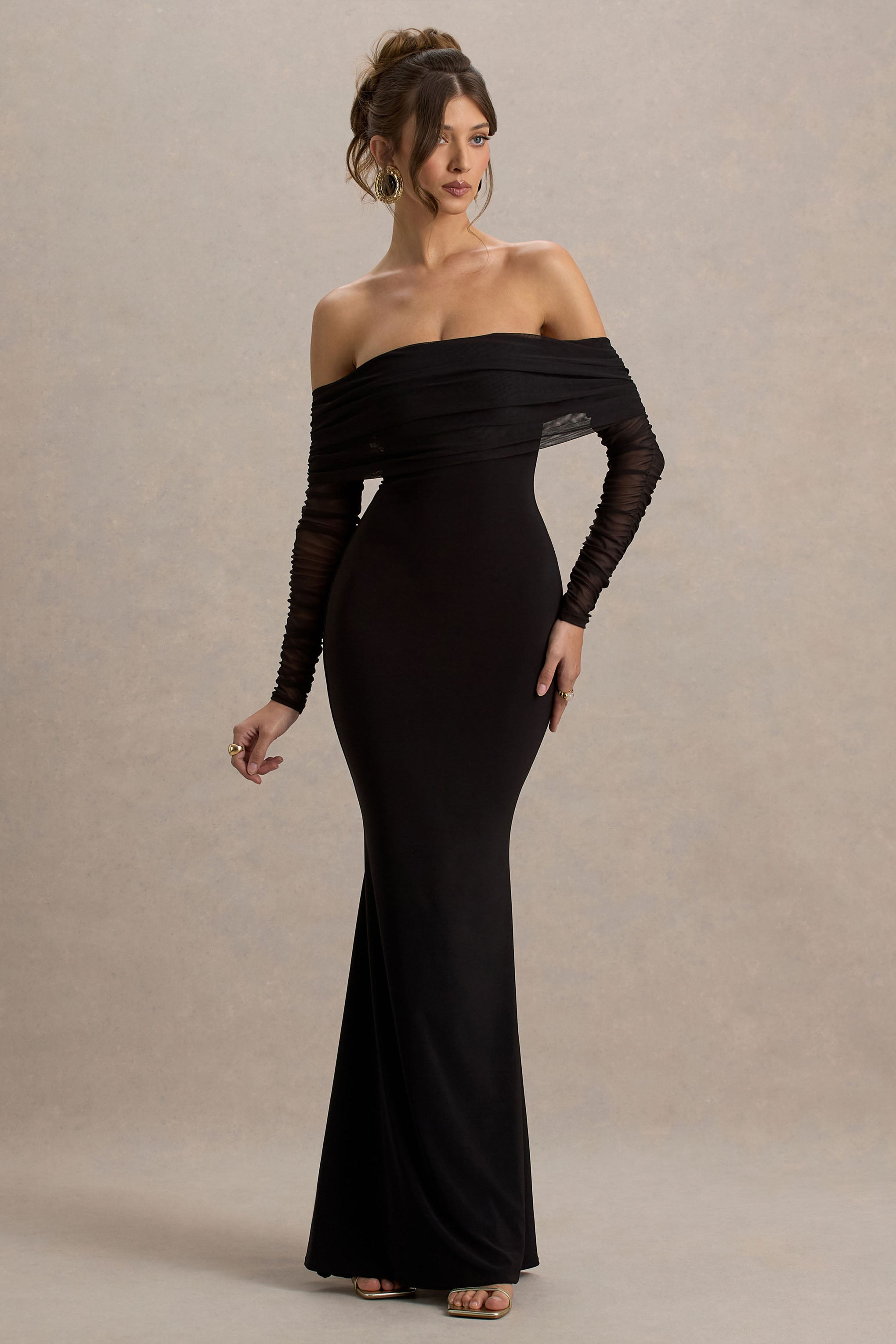 Madeleine | Black Fishtail Maxi Dress With Bardot Mesh Long Sleeves