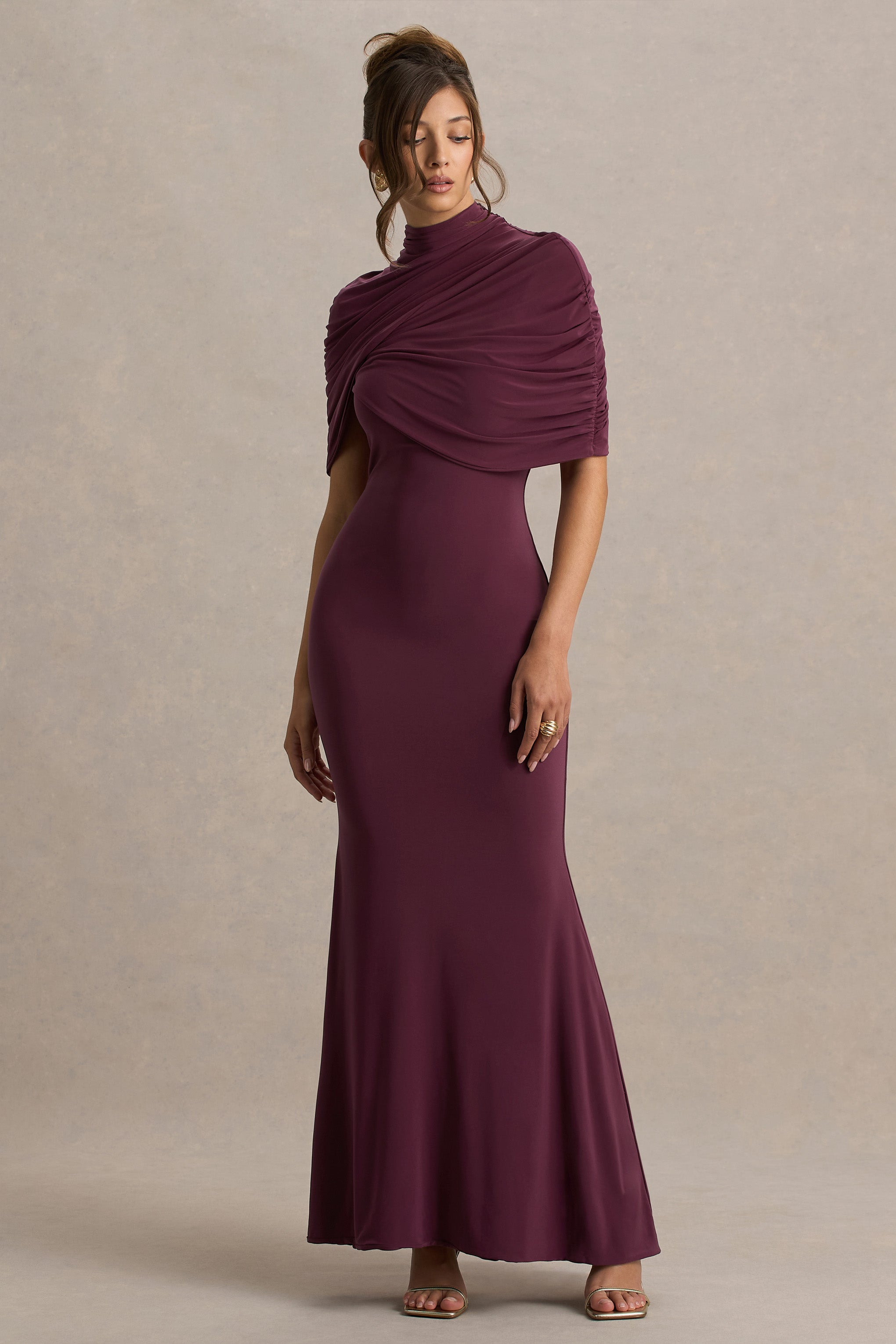 Cleora | Burgundy Twist Cape Maxi Dress