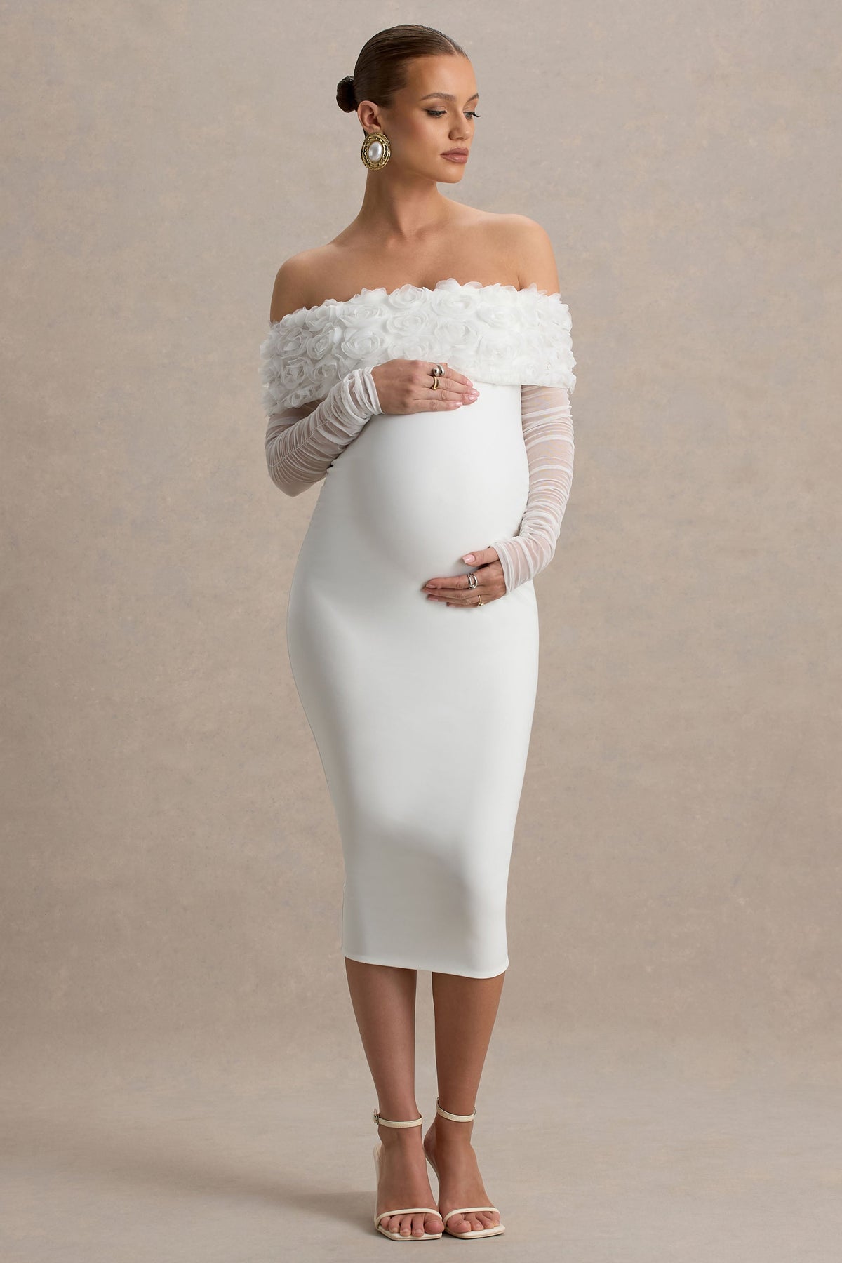 Adita | White Mesh Floral Bardot Maternity Midi Dress